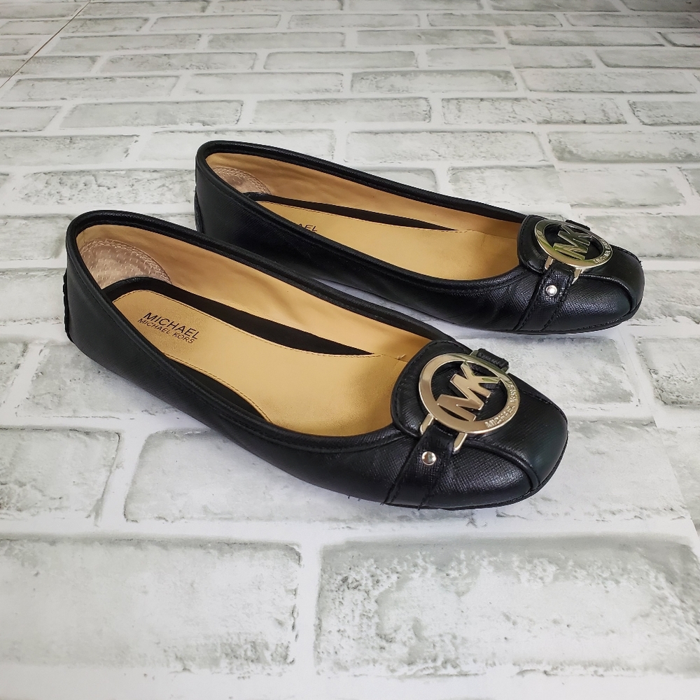 Michael Kors Signature Logo Black Leather Flats Size 6 - Picture 2 of 11